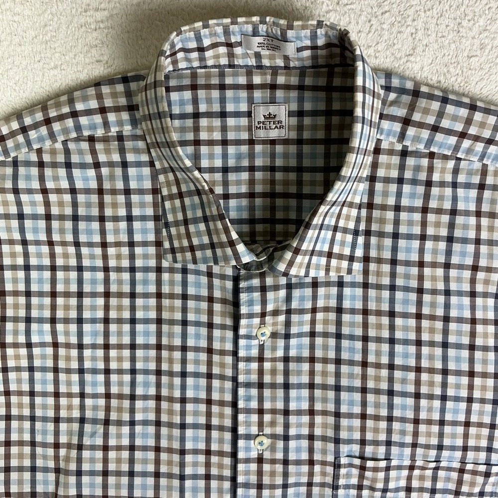 Peter Millar Button Down Shirt Mens 2XT Blue Brown Plaid Check Long Sleeve Tall